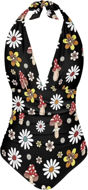 1 Piece High Cut Bikini Suit Comfort Sexy Halter Neck Swimsuit Print Quick Dry Beach Swimwear 2024 Customization