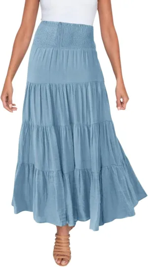 2023 Casual Summer Skirt for Women High Waist Boho Plain Tiered Ruffle Hem Swing Long Skirt Leisure Bohemain Party Ankle