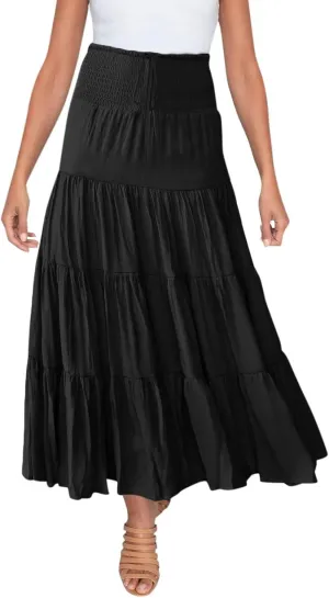 2023 Casual Summer Skirt for Women High Waist Boho Plain Tiered Ruffle Hem Swing Long Skirt Leisure Bohemain Party Ankle