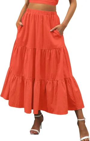 2023 Casual Summer Skirt for Women High Waist Boho Plain Tiered Ruffle Hem Swing Long Skirt Loose A Line Trendy Flowy Party