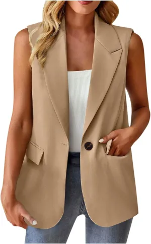 2025 Women's Summer Sleeveless Vest Tops Sleeveless Casual Open Front Single Button Blazer Waistcoat with Pockets