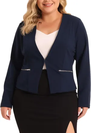 Agnes Orinda Plus Size Blazer for Women Crop Collarless Long Sleeve Work Blazers Suit Blazer Jacket