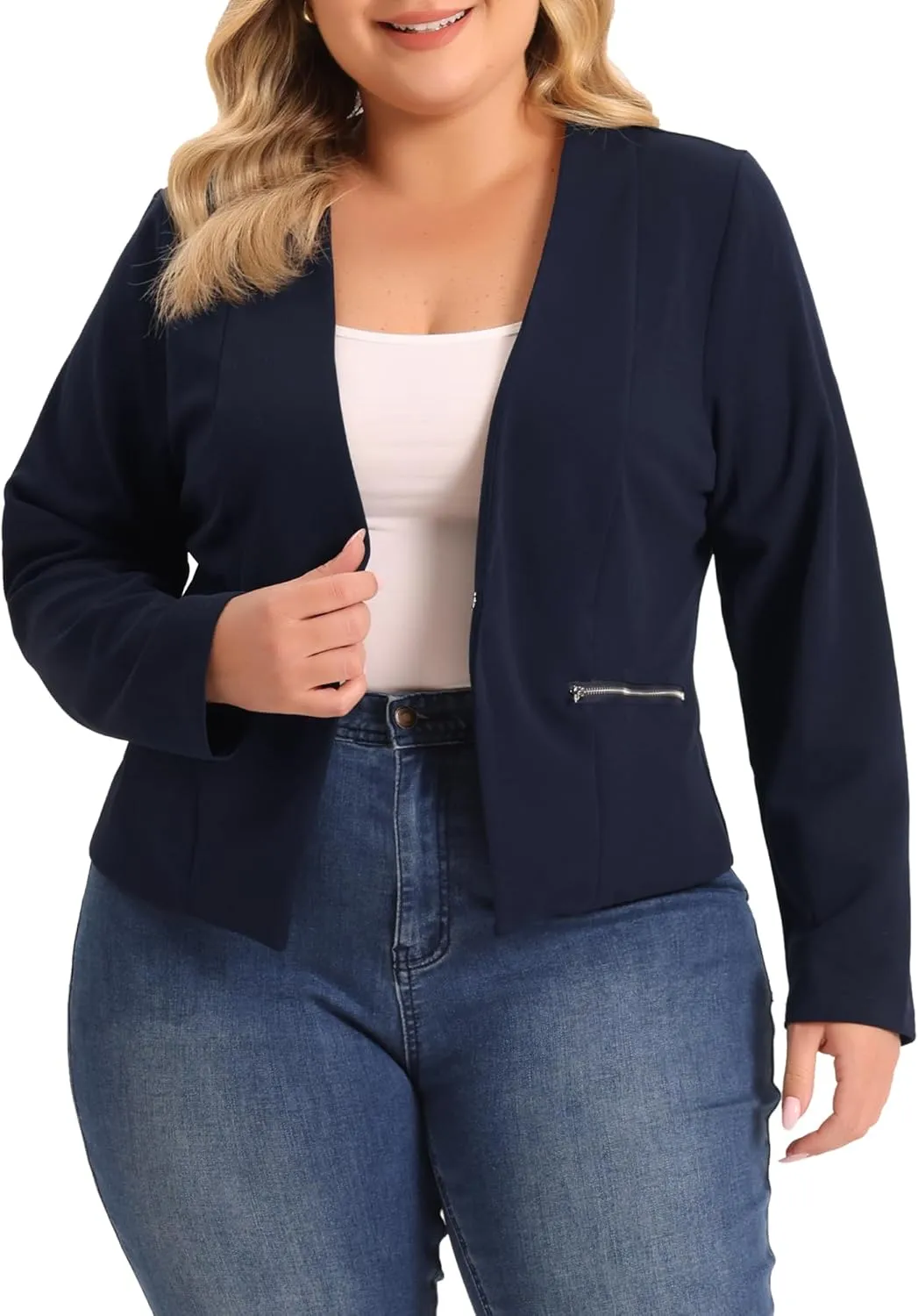 Agnes Orinda Plus Size Blazer for Women Crop Collarless Long Sleeve Work Blazers Suit Blazer Jacket
