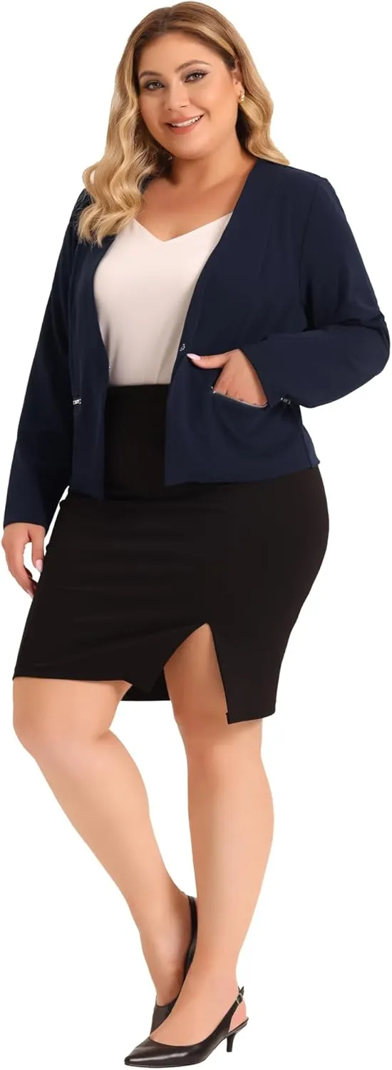 Agnes Orinda Plus Size Blazer for Women Crop Collarless Long Sleeve Work Blazers Suit Blazer Jacket
