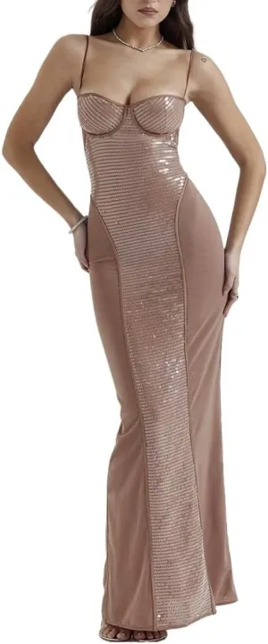 AskmAn New Hot Girl Sexy Suspender Sequin Dress Tight Backless Long Dress Evening Dress Women's High-end Women's Clothing (Color : Khaki, Size : Large)