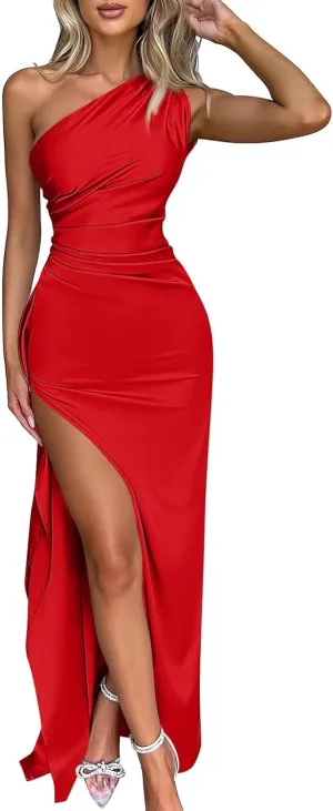 BAXLIMEK Formal Dresses for Women,2025 Elegant Bodycon One Shoulder Cocktail Dress,Trendy High Slit Flowy Hem Party Dress