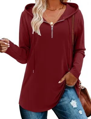 BETTE BOUTIK Womens Quarter Zip Tunic Hoodies Pullover Long Hooded Sweatshirts S-3XL