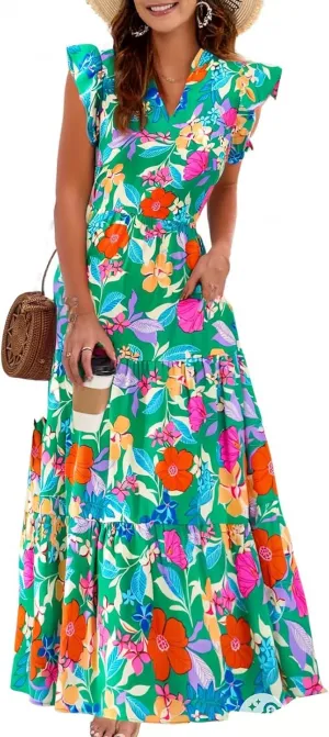 Boho Dresses for Women,2025 Summer Trendy Floral Beach Vacation Dress,Elegant V Neck Cap Sleeve Flowy Midi Dress