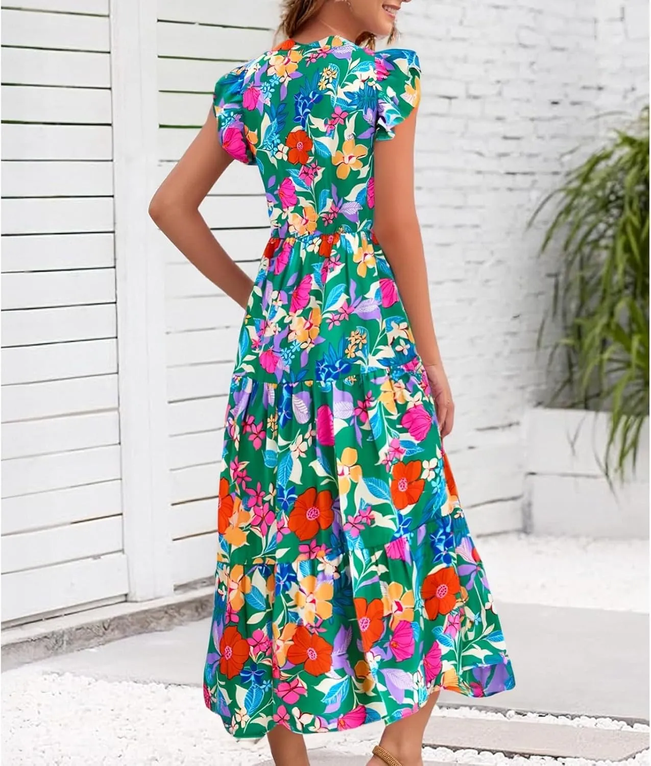 Boho Dresses for Women,2025 Summer Trendy Floral Beach Vacation Dress,Elegant V Neck Cap Sleeve Flowy Midi Dress