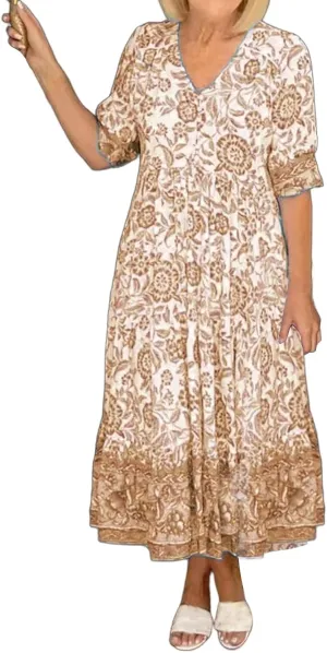 Boho Maxi Dress for Women Trendy Floral V Neck Short Sleeve Dresses Casual Loose A Line Ruffle Hem Beach Sundress