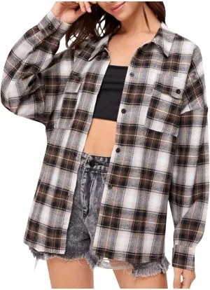 Business Casual Jackets Lightweight Boyfriend Women's Plaid Coats Fashion Flannel Plaid Shacket Jacket Loose Button Down Plaid Coat Silver Jacket for Women