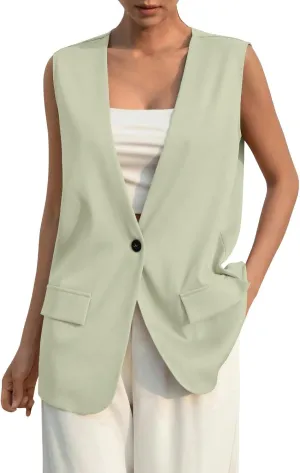 Button Suit Vest Women 2024 Collarless Sleeveless Blazer Jackets Loose Fashion Casual Open Front Vest Pockets