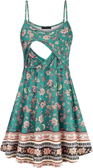 connche Floral Maternity Summer Dress Spaghetti Strap Nursing Breastfeeding