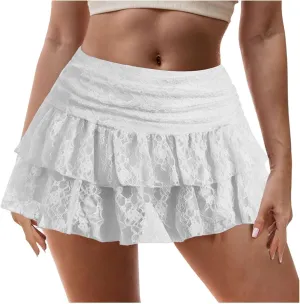 cooki Lace Skirt for Women Mini, Womens Cute Flowy Lace Pleated Mini Skirt Sexy Y2k High Waisted Ruffle Short Skirts