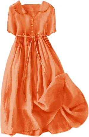 Cotton Linen Dresses for Women Vintage V Neck Buttons Short Sleeve Boho Midi Beach Dress Trendy Casual A-Line Long Dress
