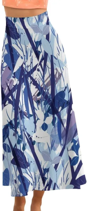 Cute Abstract Scrawl Thai Style Maxi Skirts High Waist Hidden Zipper Ruffled Flowy Summer Skirts