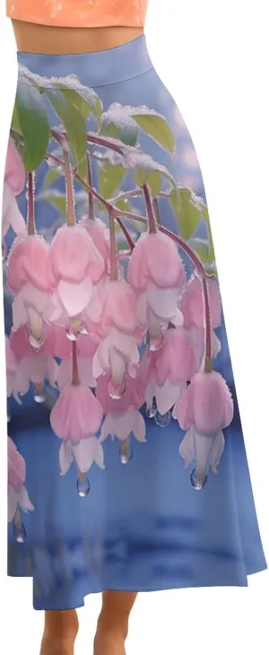 Cute Convallaria Thai Style Maxi Skirts High Waist Invisible Zip Ruffle Flowy Party Skirts