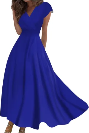 Dresses for Women 2024 Cap Sleeve Flowy Sundresses Elegant Wrap V Neck Long Dresses Floral Print Loose Maxi Dress