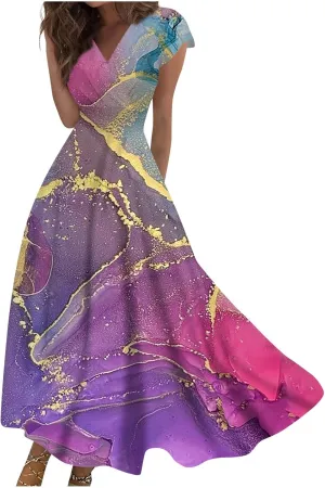 Dresses for Women 2024 Summer Floral Print Sundresses Short Sleeves Wrap V Neck Maxi Dress Elegant Flowy Beach Dress