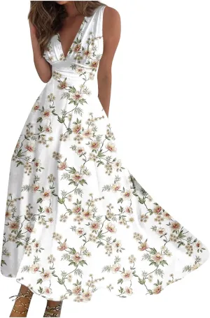Dresses for Women 2024 Wrap V Neck Flowy Ruched Maxi Dress Sleeveless Floral Printed Beach Dresses Boho Sundresses
