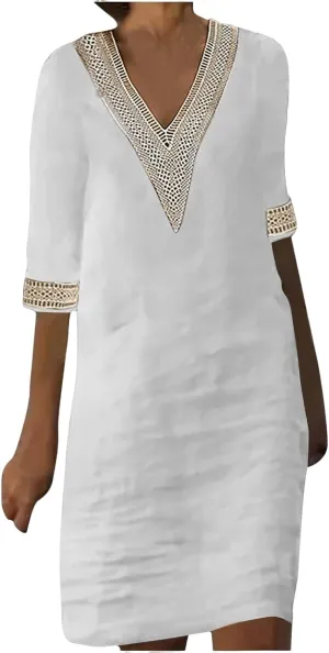 Dresses for Women 2025 Fashion Dressy Half Sleeve V Neck Midi Dresses Summer Cotton Linen Casual Trendy Dress