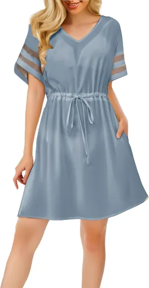 Dresses for Women Summer V Neck Short Sleeve Mini Beach Dress Waist Drawstring A-Line Sundresses