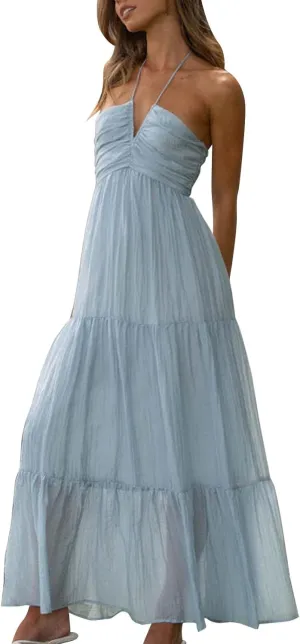 Eduavar Maxi Dresses for Women Summer, Bohemian Dresses for Women Sexy Halter Neck Off Shoulder Floral Print Long Dress