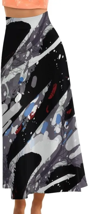Endearing Abstract Black Thai Style Maxi Skirts High Waist Invisible Zipper Ruffled Flowy Spring Skirts