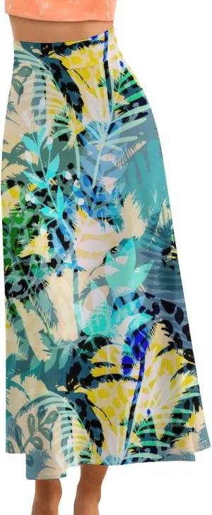 Esthetic Tropical Leaves Thai Style Maxi Skirts High Waist Hidden Zip Ruffle Swing Going Out Skirts