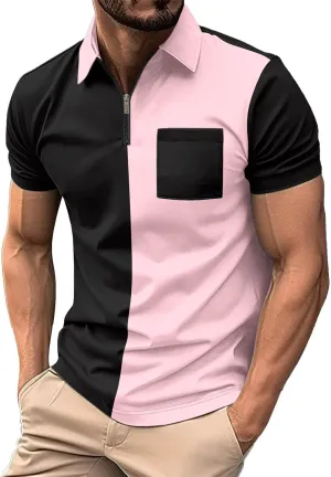 Fashion 1/4 Zip Polo Shirt for Men Two Tone Short Sleeve Collared Golf T Shirts Casual Summer Work Tops with Pocket