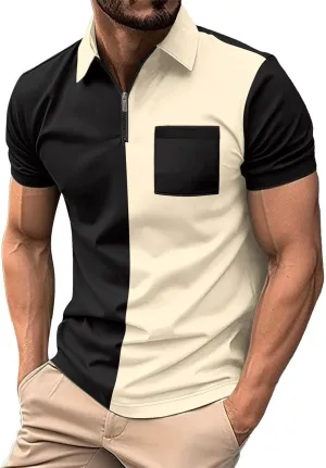 Fashion 1/4 Zip Polo Shirt for Men Two Tone Short Sleeve Collared Golf T Shirts Casual Summer Work Tops with Pocket