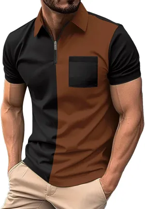 Fashion 1/4 Zip Polo Shirt for Men Two Tone Short Sleeve Collared Golf T Shirts Casual Summer Work Tops with Pocket
