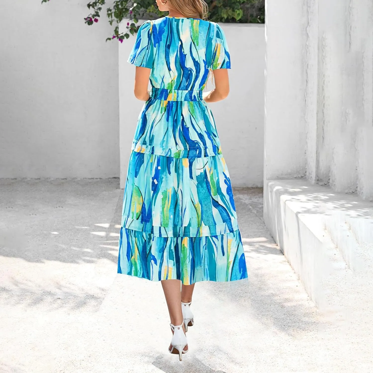 Fashion Boho Casual Midi Dress for Women, Summer Beach Flowy Casual Sundress Short Sleeve High Waist V-Neck Dresses