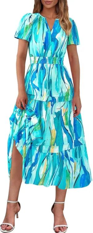 Fashion Boho Casual Midi Dress for Women, Summer Beach Flowy Casual Sundress Short Sleeve High Waist V-Neck Dresses
