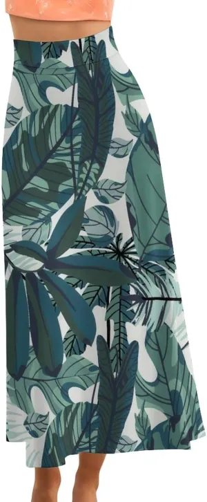 Fashion Green Leaves Thai Style Maxi Skirts High Waist Hidden Zipper Ruffling Swing Autumn Skirts