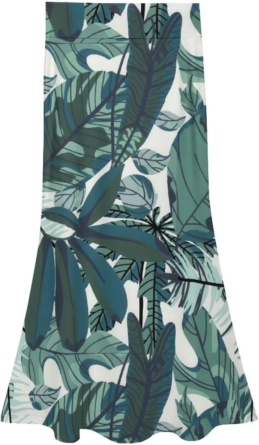 Fashion Green Leaves Thai Style Maxi Skirts High Waist Hidden Zipper Ruffling Swing Autumn Skirts