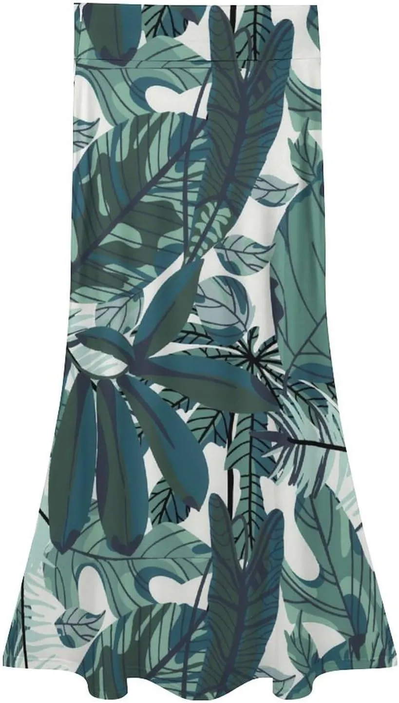 Fashion Green Leaves Thai Style Maxi Skirts High Waist Hidden Zipper Ruffling Swing Autumn Skirts