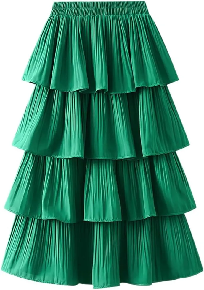 Female Ruffled Tiered Maxi Tulle Skirt Women Spring Summer High Waist Pleated Mesh Long Skirt