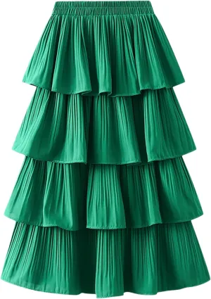 Female Ruffled Tiered Maxi Tulle Skirt Women Spring Summer High Waist Pleated Mesh Long Skirt