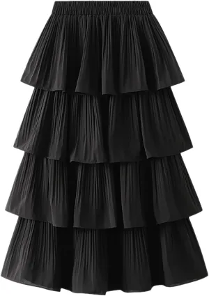Female Ruffled Tiered Maxi Tulle Skirt Women Spring Summer High Waist Pleated Mesh Long Skirt