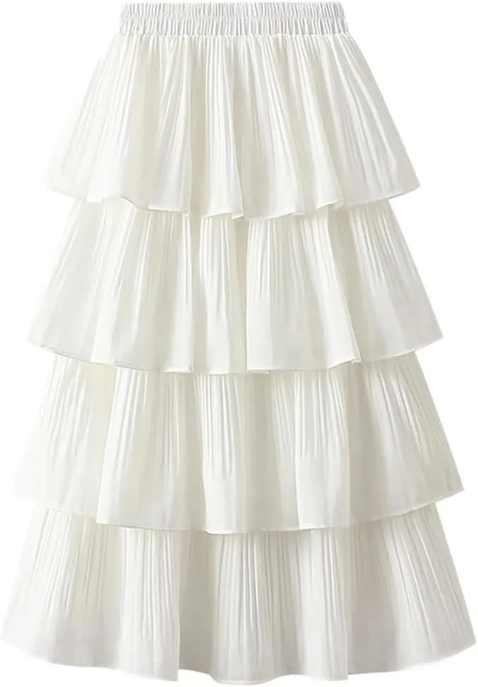 Female Ruffled Tiered Maxi Tulle Skirt Women Spring Summer High Waist Pleated Mesh Long Skirt