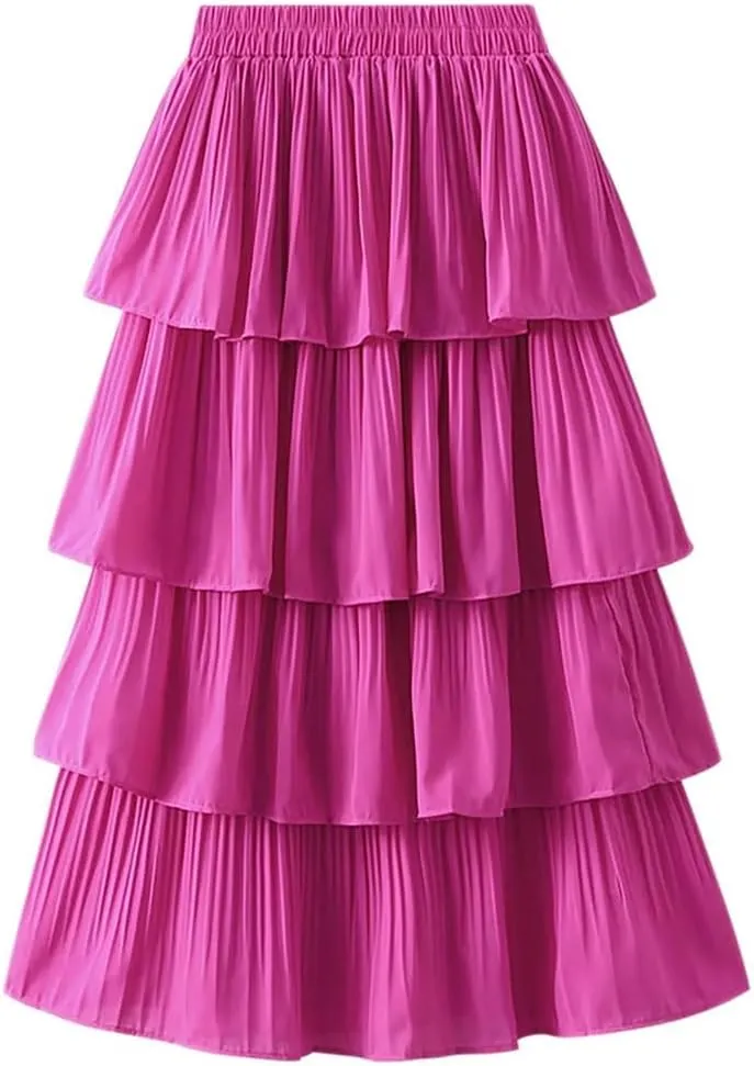 Female Ruffled Tiered Maxi Tulle Skirt Women Spring Summer High Waist Pleated Mesh Long Skirt