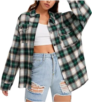 Flannel Shirts for Women Oversized Fashion Boyfriend Plaid Coat for Women Casual Flannel Plaid Shirt Coats Lightweight Button Down Plaid Jacket Work Clothes Green
