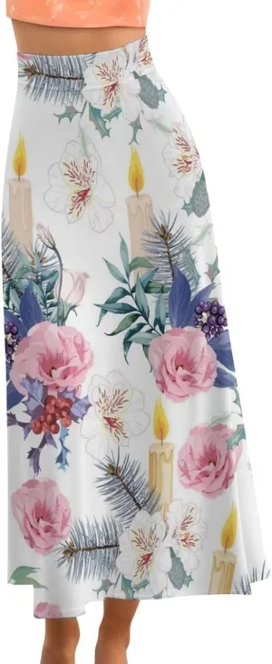 Funny Candle Flowers Thai Style Maxi Skirts High Waist Invisible Zipper Ruffled Flowy Spring Skirts