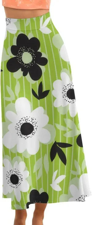 Funny Green Florals Thai Style Maxi Skirts High Waist Invisible Zipper Ruffling Bohemia Ethnic Skirts