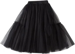 Girls Long Tutu Skirt Tiered Ruffle Maxi Skirts Soft Fluffy Skirt Birthday Party Little Girl Layered (Black, 6-7 Years)