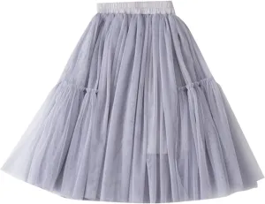 Girls Long Tutu Skirt Tiered Ruffle Maxi Skirts Soft Fluffy Skirt Birthday Party Little Girl Layered (Grey, 8-9 Years)