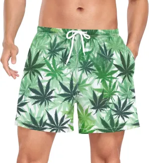 Green Leaves White Mens Athletic Shorts Quick Dry Beach Swimwear Exercise Shorts