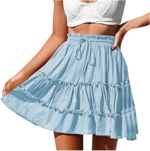 hlysgo Ruffle Mini Skirt for Women High Waisted Tiered A-Line Casual Summer Vacation Boho Beach Trendy Flowy Short Skirts