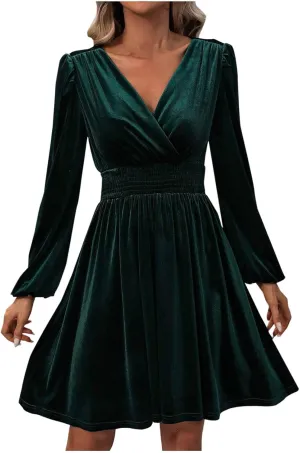 hlysgo Womens Long Sleeve Velvet Mini Dress V Neck High Waist Swing Party Dress Slim Elegant Evening Dresses